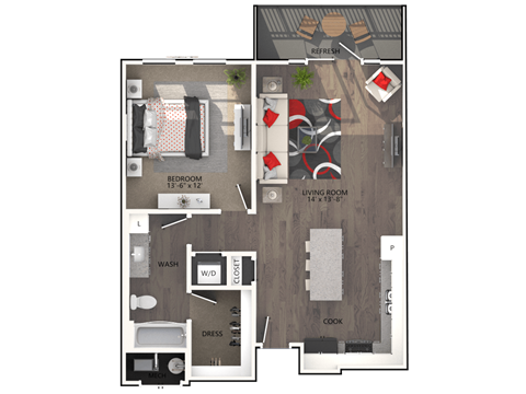 Floor plan for 1 bed, 1 bath, 791 sqft